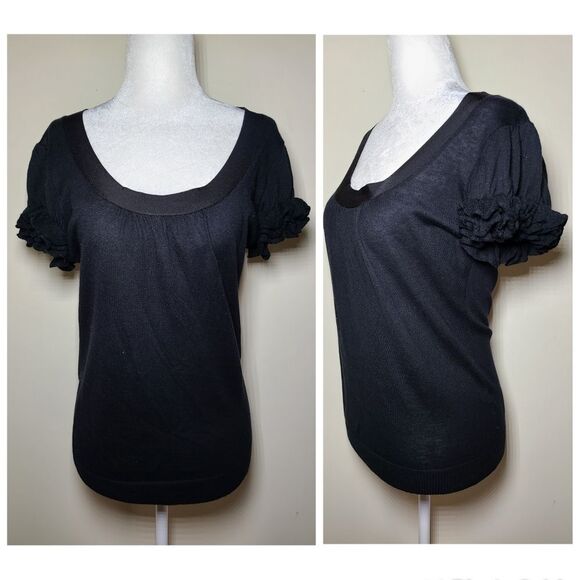 Ted Baker London|Black Silk Wool Black Ruffle Short Sleeve Top, 2 - Picture 1 of 4